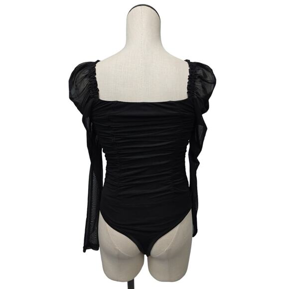 NWT Bebe Black Ruched Long Puff Sleeve Sheer Mesh Bodysuit Womens Size Small - Picture 2 of 13